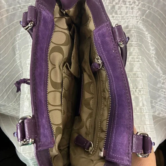 Coach Purple Suede Leather Trimmed Satchel Handbag Purse Designer Bag - Picture 6 of 14